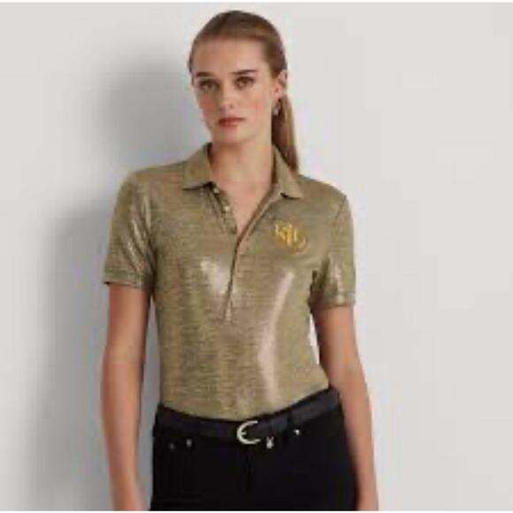 Lauren Ralph Lauren Foil Jersey Polo Gold S NWOT - Picture 2 of 7